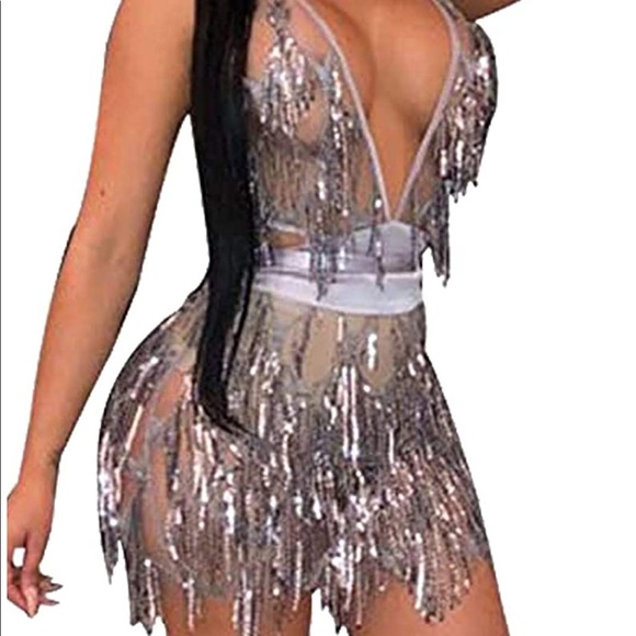 Glitter Sexy Deep V Neck Sequin Beaded Halter Bodycon Mini Nightclub Party Dress - Picture 5 of 10